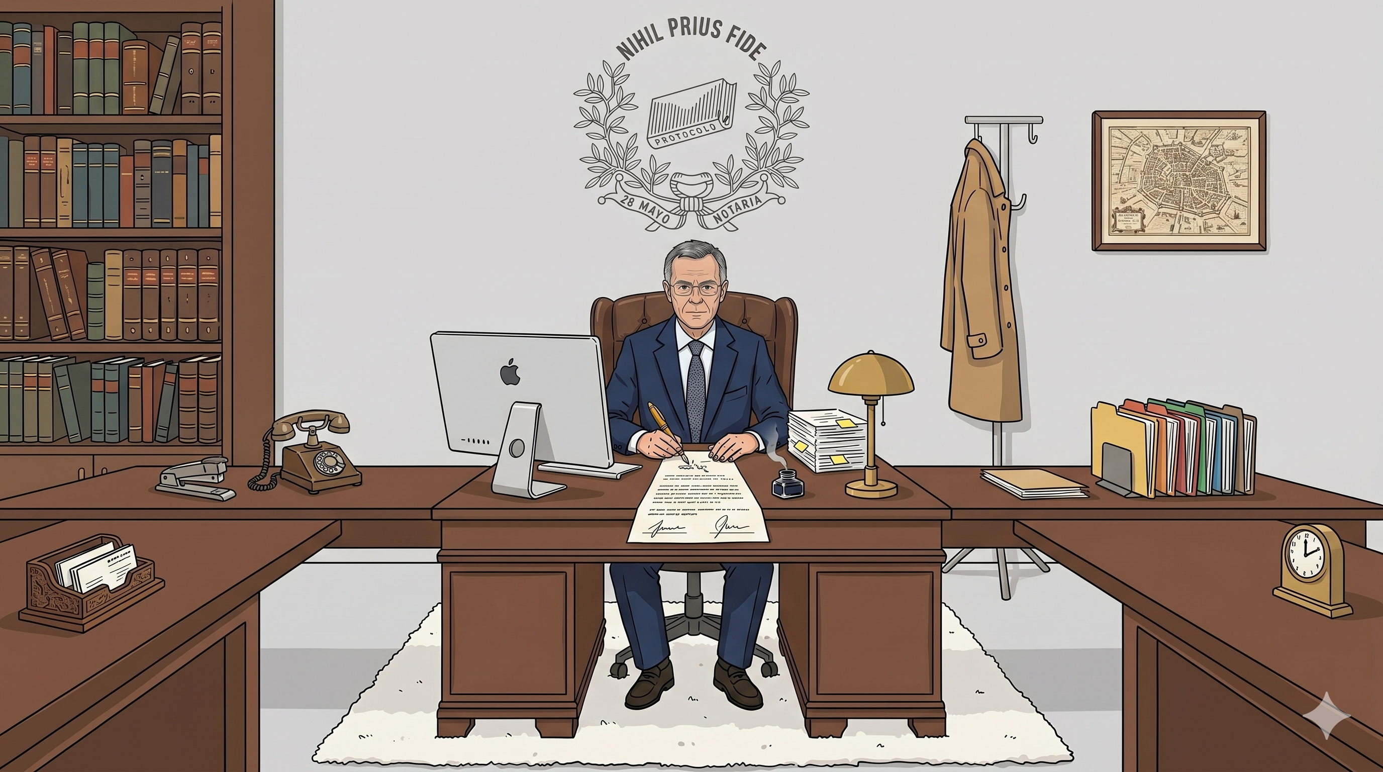 Notario en su despacho firmando un documento en la Notaría Ermua